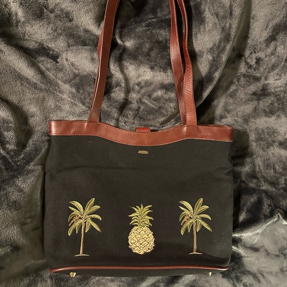 Scala Embroidered Twin Palms and Pineapple Black with Brown Leather Trim Handbag - Picture 2 of 15